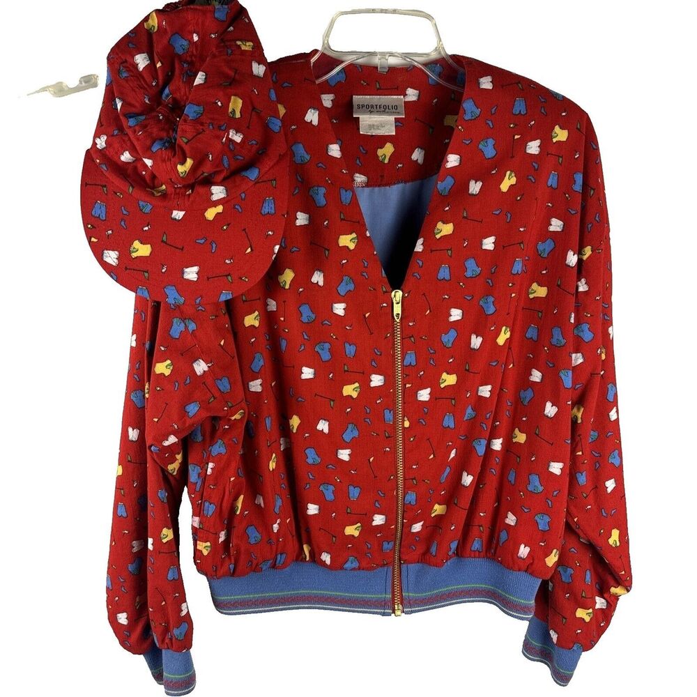 Portfolio By Marcia Sm Golf Jacket & Hat Whimsical Red Elastic Cuff and Wrists